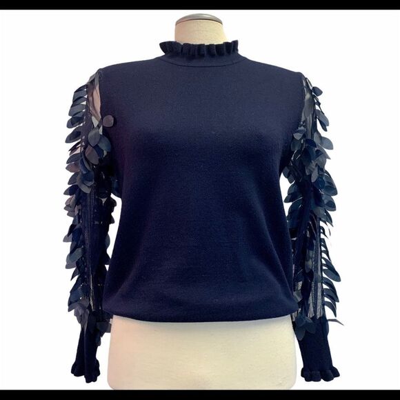 WILD Flower navy Leaf Mesh Sleeves Jumper Sz XS - Picture 4 of 12